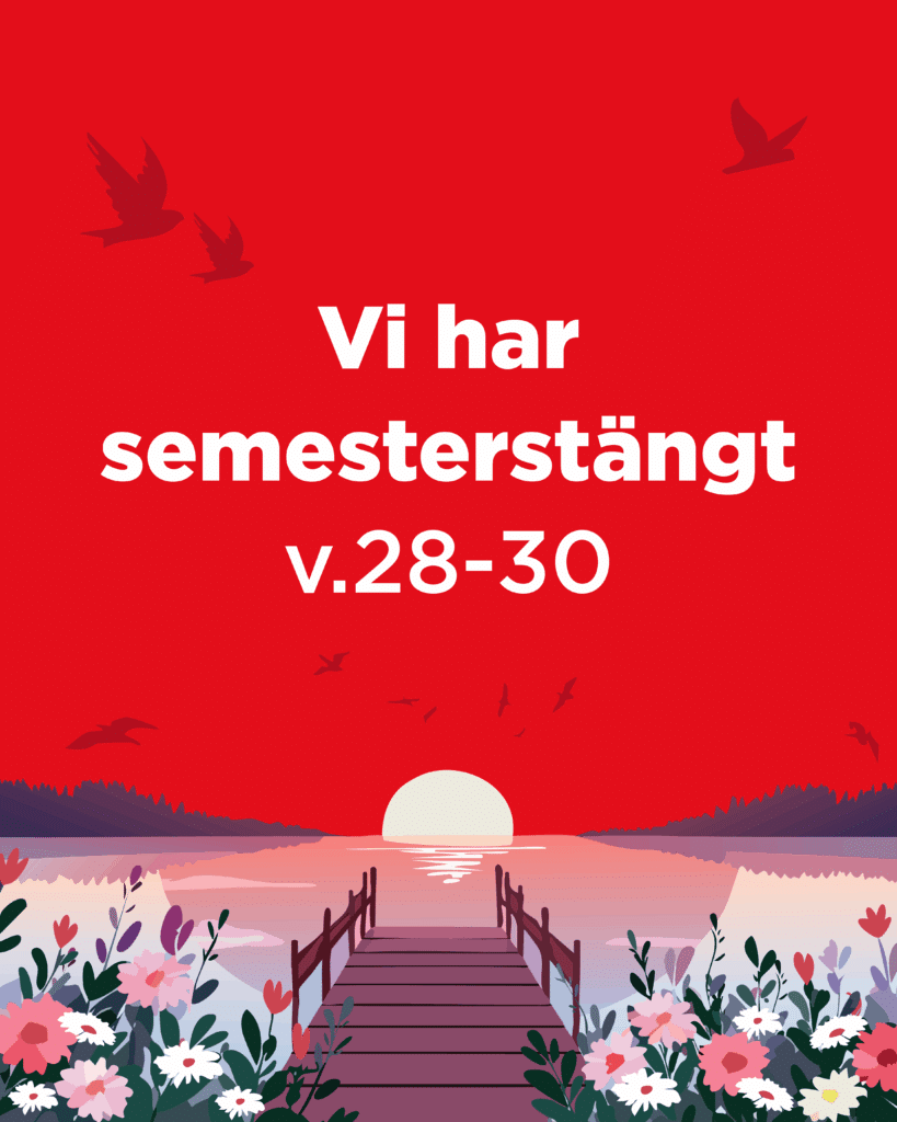 Solnedgång, spegelblank sjö, blommor i förgrunden.