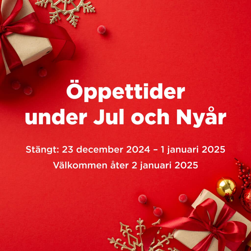 Röd bakgrund. Julklappar och julpynt. Vit text med information om öppettider.